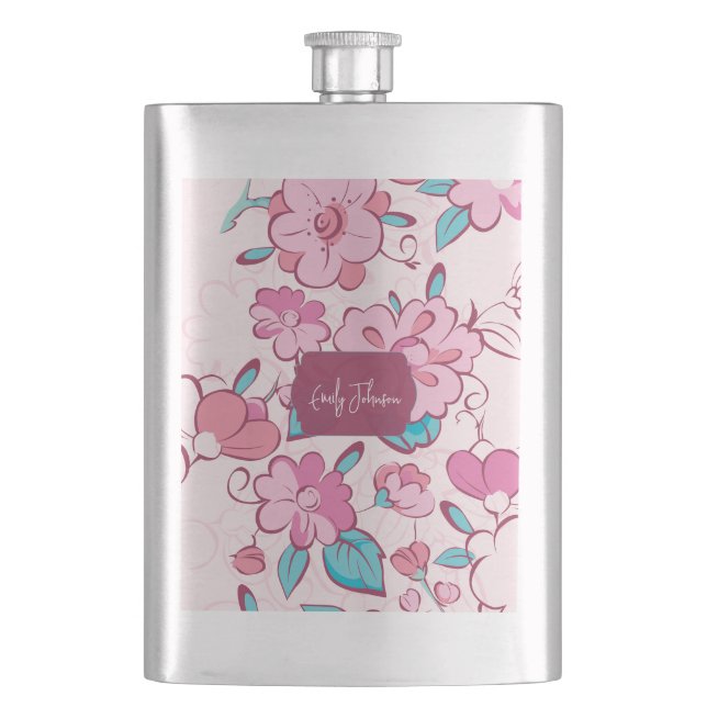 Elegante Pink Bloom Custom Name Floral Design Flachmann (Vorderseite)