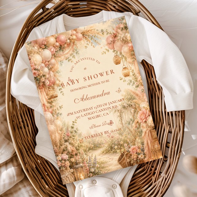 Elegante Pink Boho-Baby-Party Einladung (Von Creator hochgeladen)