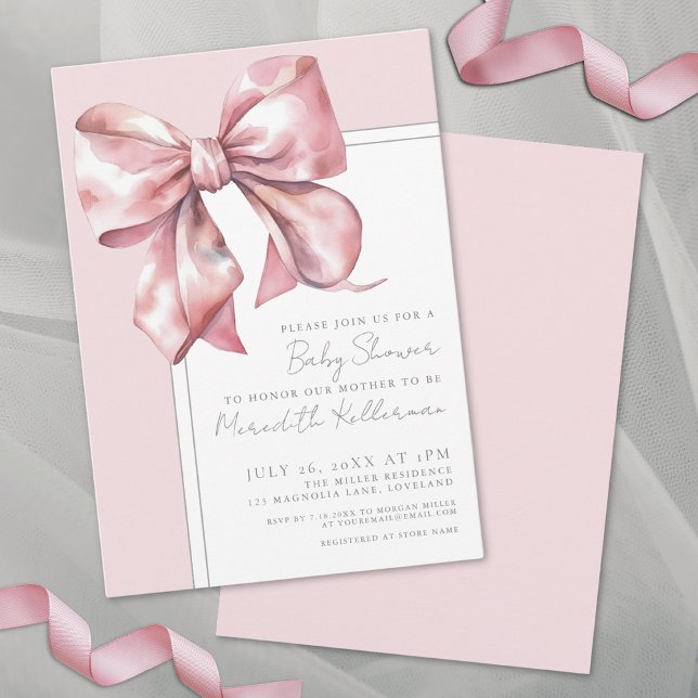 Elegante Pink Bow Baby Dusche Einladung (Elegant Pink Bow Baby Shower Invitation)