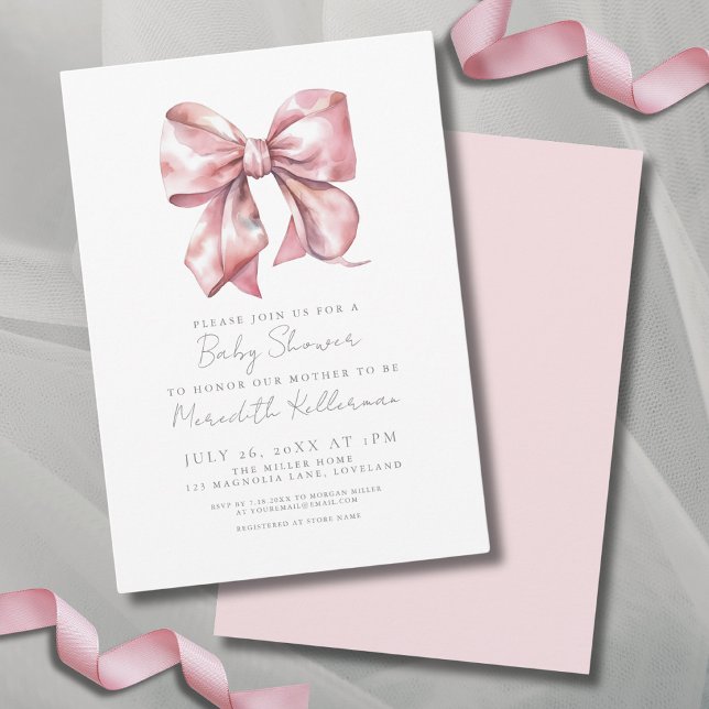 Elegante Pink Bow Baby Dusche Einladung (Simple Elegant Pink Bow Baby Shower Invitation)