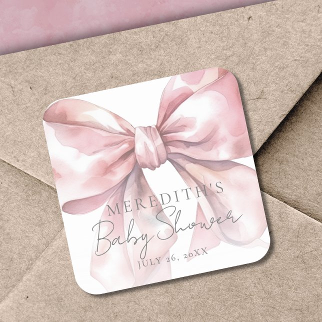 Elegante Pink Bow Baby Dusche Quadratischer Aufkleber (Elegant Pink Bow Baby Shower Square Sticker)
