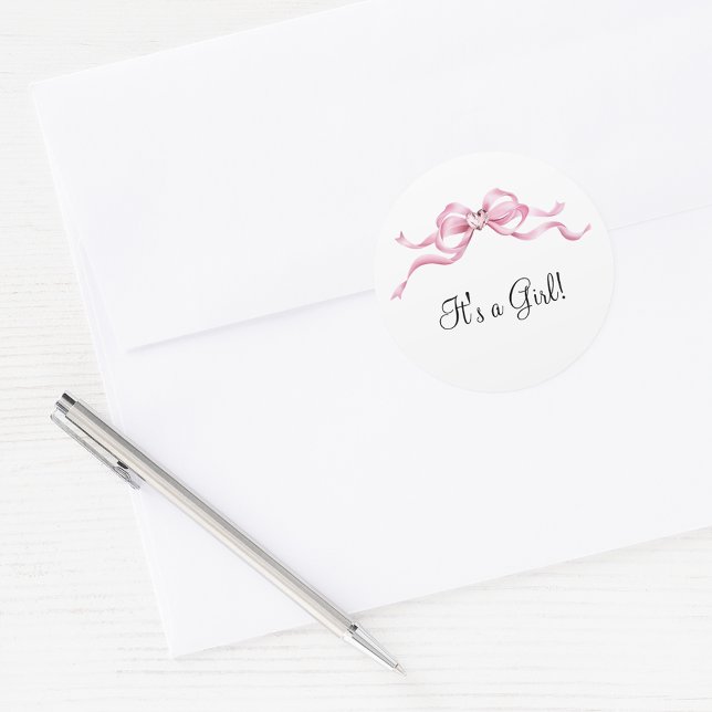 Elegante Pink Bow Baby Dusche Runder Aufkleber (Von Creator hochgeladen)