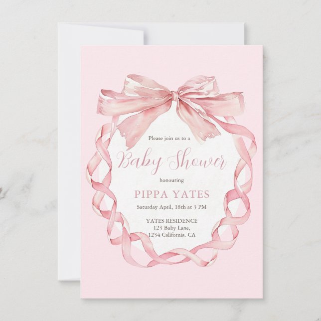 Elegante Pink Bow Baby Shower Einladung Preppy (Vorderseite)