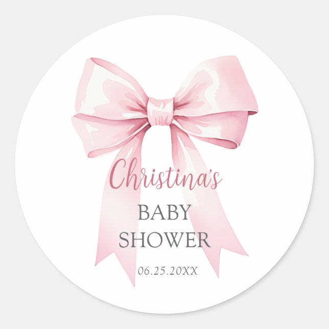 Elegante Pink Bow Girl Baby Dusche Runder Aufkleber (Vorderseite)