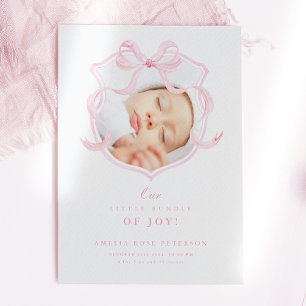Elegante Pink Bow Girl Foto Geburtserklärung Ankündigung