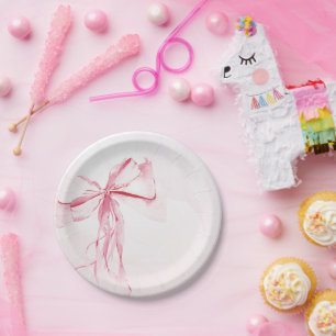 Elegante Pink Bow Watercolor Girl Baby Shower Pappteller