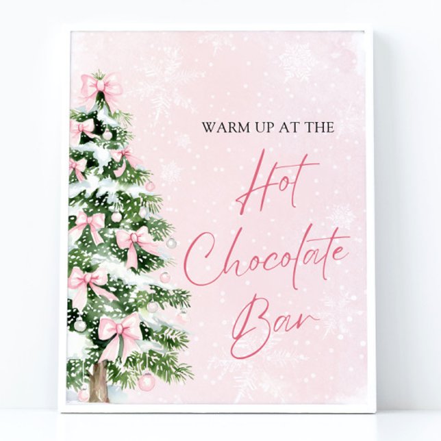 Elegante Pink Bows Christmas Tree Hot Chocolate Ba Poster (Watercolor Pink Bows Christmas Tree Hot Cocoa Bar Sign)