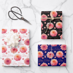 Elegante Pink-Dahlie-Kleeblatt-Geburtstag Geschenkpapier Set