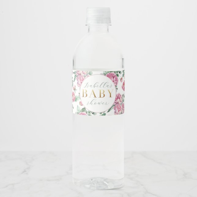 Elegante Pink Floral Girl Babydusche Wasserflasche Wasserflaschenetikett (Vorderseite)