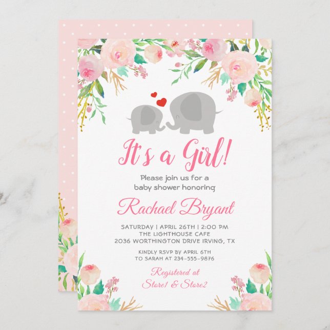 Elegante Pink Floral Girl Elephant Baby Shower Einladung (Vorne/Hinten)