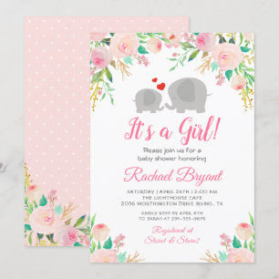Elegante Pink Floral Girl Elephant Baby Shower Einladung