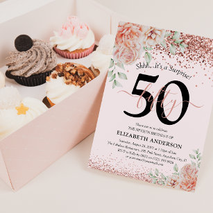 Elegante Pink Floral & Glitzer 50. Geburtstagspart Einladung