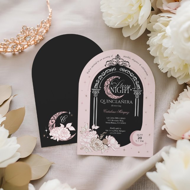 Elegante Pink Florals Moon Stars Tiara Quinceañera Einladung (Elegant Pink Florals Moon Stars Tiara Quinceañera Invitation)