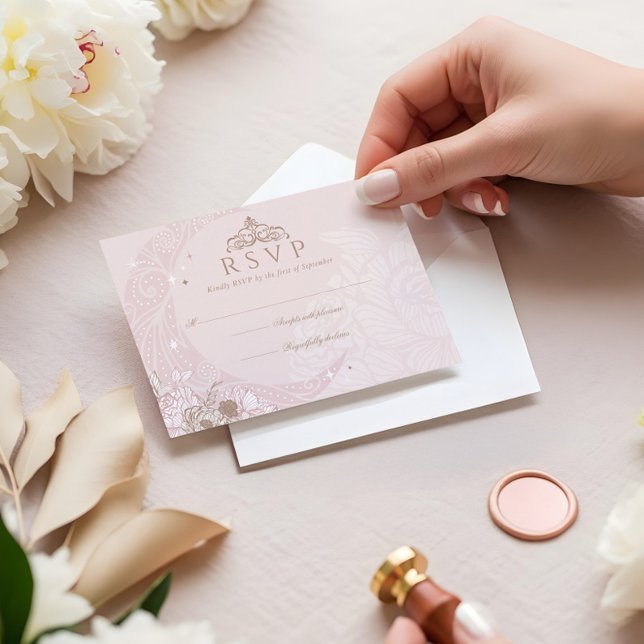 Elegante Pink Florals Moon Stars Tiara Quinceañera RSVP Karte (Elegant Pink Florals Moon Stars Tiara Quinceañera RSVP Card)