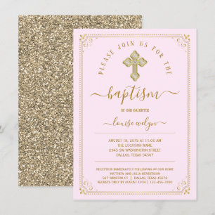 Elegante Pink Gold Mädchen Taufe Einladung