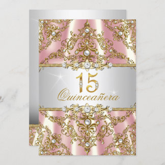 Elegante Pink Gold Pearl Damask Quinceanera Einlad Einladung