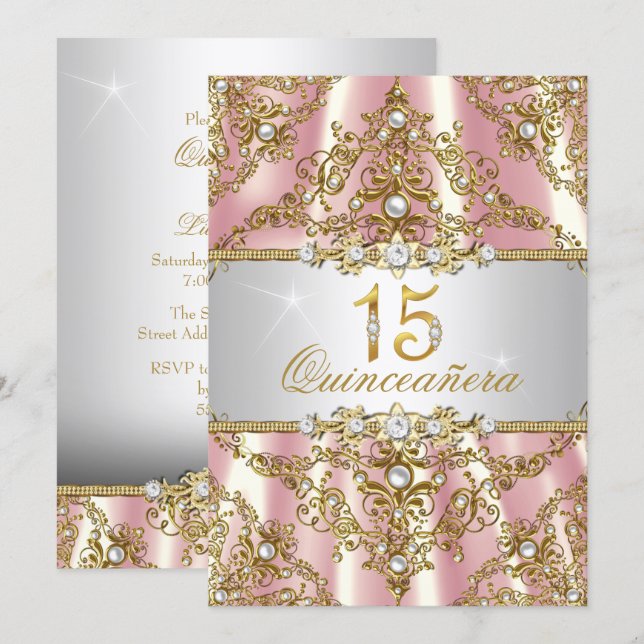 Elegante Pink Gold Pearl Damask Quinceanera Einlad Einladung (Vorne/Hinten)