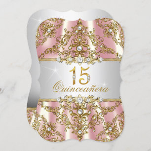 Elegante Pink Gold Pearl Damask Quinceanera Einladung
