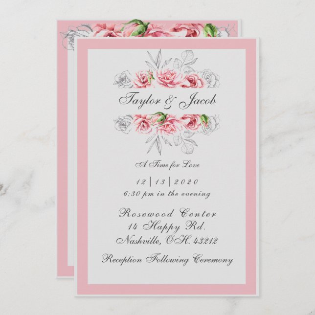 Elegante Pink Gray Floral Script Hochzeit Einladung (Vorne/Hinten)
