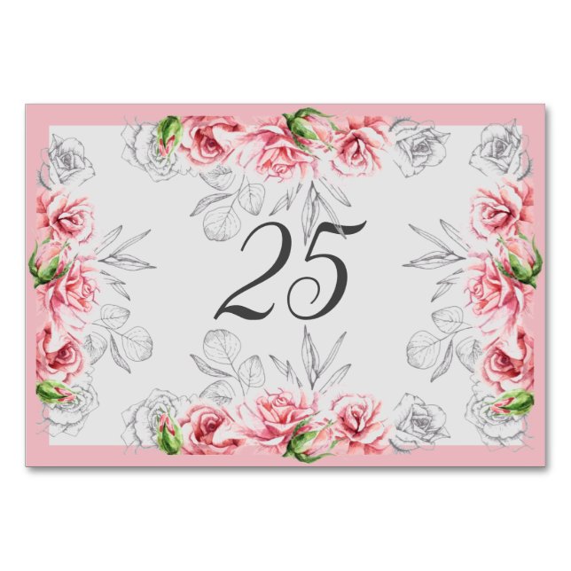 Elegante Pink Gray Floral Script Hochzeit Tischnummer (Vorderseite)