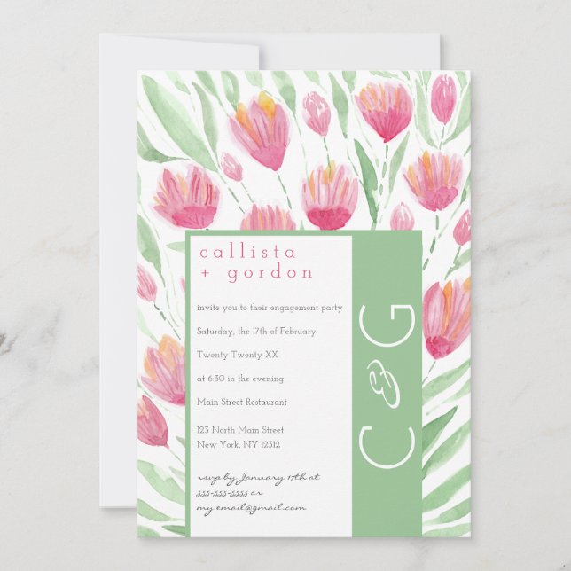 Elegante Pink Green Tulip Floral Wasserfarbe Hochz Einladung (Vorderseite)
