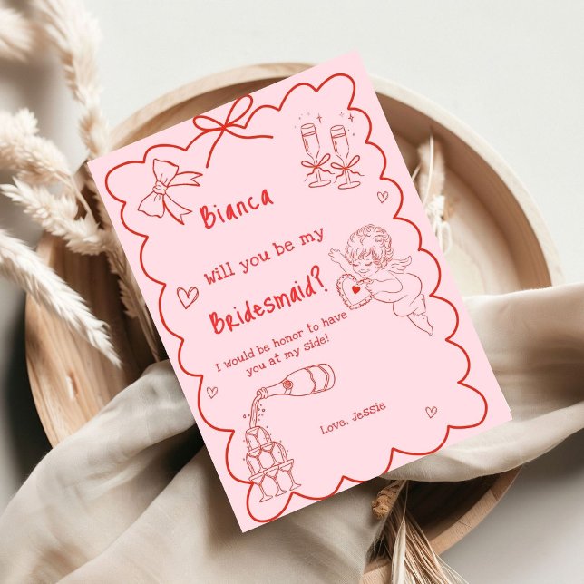 Elegante Pink Hand Drawn Bridesmaid Vorschlag Card Einladung (Von Creator hochgeladen)