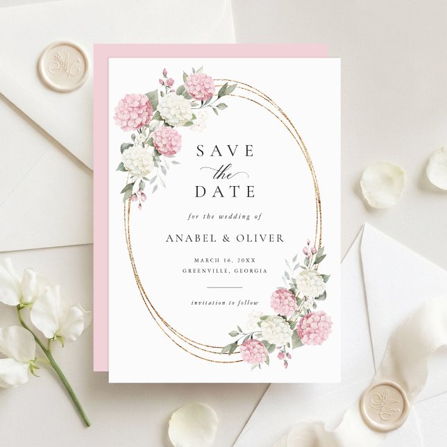 Elegante Pink Hydrangea Hochzeit Save the Date Einladung (Von Creator hochgeladen)