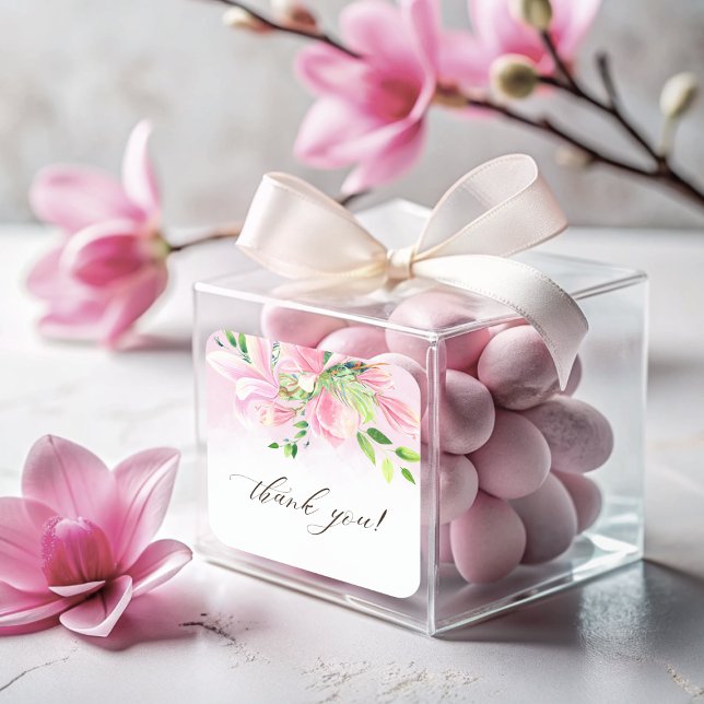 Elegante Pink Magnolia Wasserfarbe Vielen Dank Quadratischer Aufkleber (Elegant Pink Magnolia Watercolor Thank You Square Sticker)