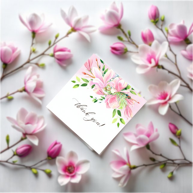 Elegante Pink Magnolia Watercolor Babydusche Dankeskarte (Elegant Pink Magnolia Watercolor Baby Shower Thank You Card)