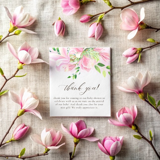 Elegante Pink Magnolia Watercolor Babydusche Dankeskarte (Elegant Pink Magnolia Watercolor Baby Shower Thank You Card)