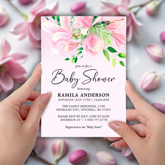 Elegante Pink Magnolia Watercolor Babydusche Einladung (Elegant Pink Magnolia Watercolor Baby Shower Invitation)