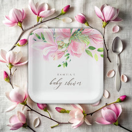 Elegante Pink Magnolia Watercolor Babydusche Pappteller