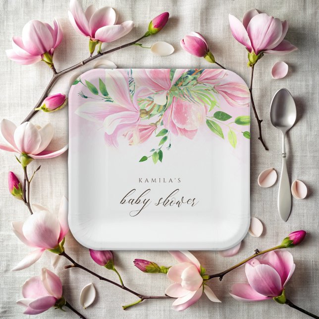 Elegante Pink Magnolia Watercolor Babydusche Pappteller (Elegant Pink Magnolia Watercolor Baby Shower Paper Plates)