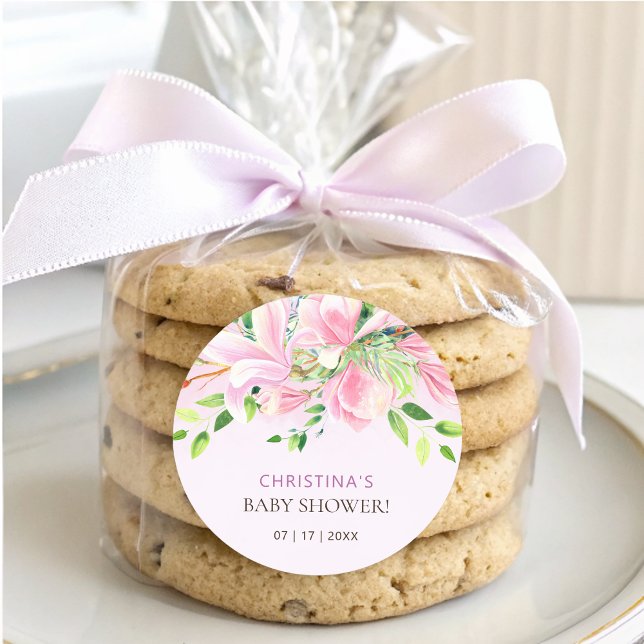 Elegante Pink Magnolia Watercolor Babydusche Runder Aufkleber (Elegant Pink Magnolia Watercolor Baby Shower Classic Round Sticker)