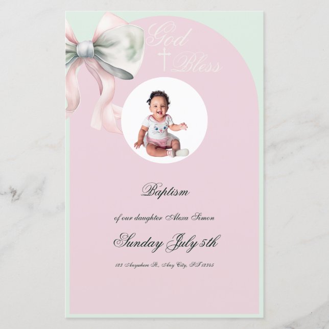 Elegante Pink Mint Bow Taufe für Baby Girl Menu (Vorderseite)