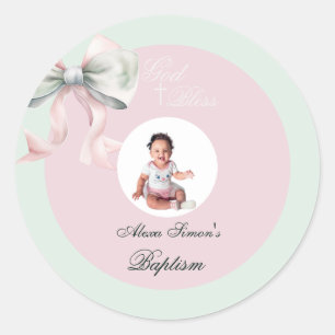 Elegante Pink Mint Bow Taufe für Baby Girl Runder Aufkleber