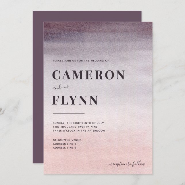 Elegante Pink Ombre Wasserfarbe Moderne Hochzeit Einladung (Vorne/Hinten)