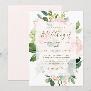 Elegante Pink Peach Gold Blütenhochzeit Einladung