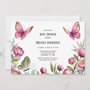 Elegante Pink Peonies & Butterfly Girl Babydusche Einladung