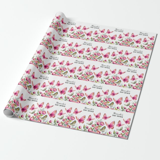 Elegante Pink Peony & Butterflies Girl Baby Shower Geschenkpapier (Ungerollt)
