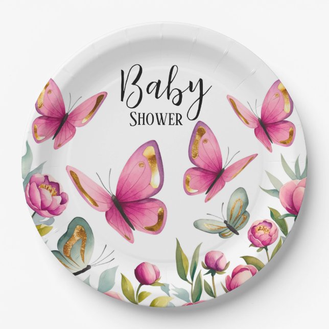 Elegante Pink Peony & Butterflies Girl Baby Shower Pappteller (Vorderseite)