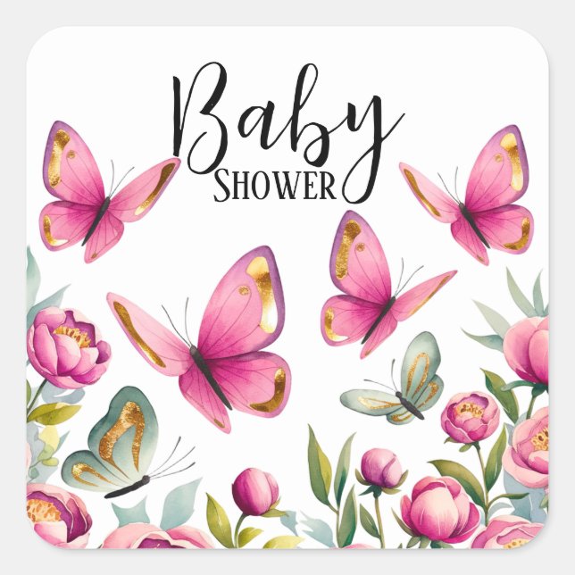 Elegante Pink Peony & Butterflies Girl Baby Shower Quadratischer Aufkleber (Vorderseite)