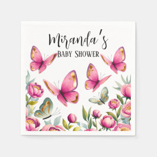 Elegante Pink Peony & Butterflies Girl Baby Shower Serviette