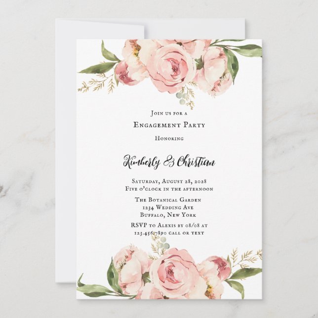 Elegante Pink Peony Floral Engagement Party Einladung (Vorderseite)