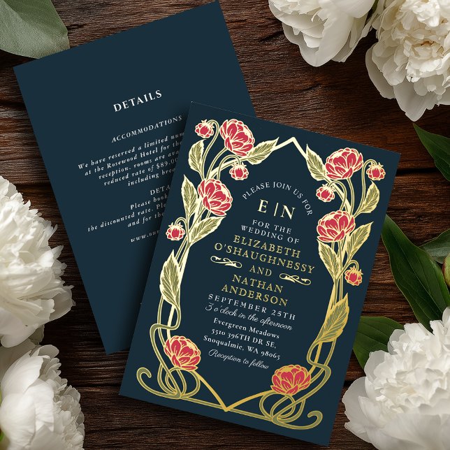 Elegante Pink Pfingstrose Art Nouveau Hochzeit All Folieneinladung (Von Creator hochgeladen)