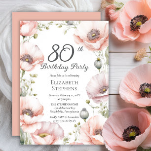 Elegante Pink Poppies Floral 80. Geburtstagsparty Einladung