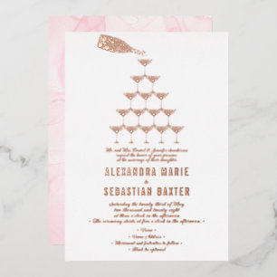 Elegante Pink-Rosen-Champagner-Turm-Skript-Hochzei Folieneinladung