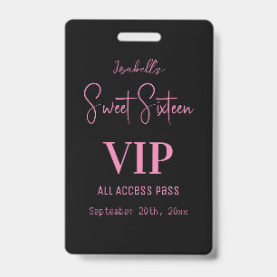 Elegante Pink-Script-Sweet-Sixteen-Einladung VIP Ausweis