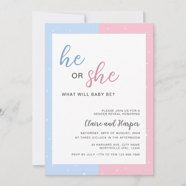 Elegante Pink und Blue Gender Reveal Baby Shower Einladung (Vorderseite)