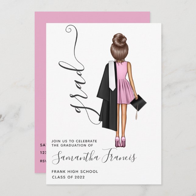 Elegante Pink und Brown Girl Graduation Party Einladung (Vorne/Hinten)